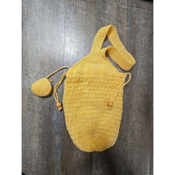 Vintage Drawstring Crochet Purse, Yellow Bohemian Shoulder Bag - Picture 1 of 10